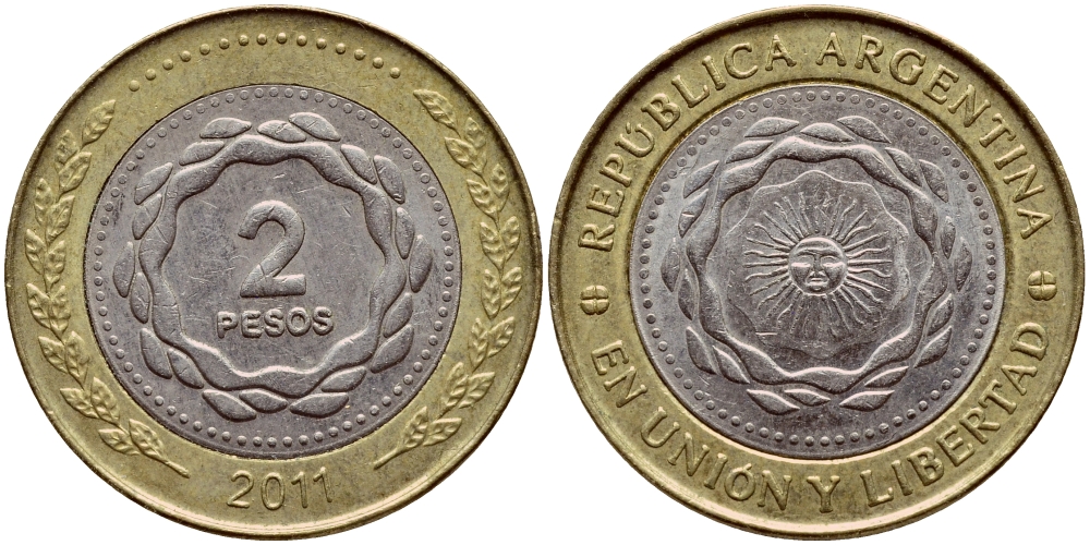 Аргентина 2 песо 2011 майское солнце KM 165 биметалл aUNC M20-6