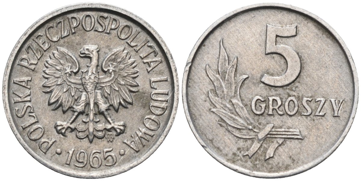 Польша 5 грошей 1965 MW, Народная Республика KM А46, Parchimowicz 204g алюминий 4580-548