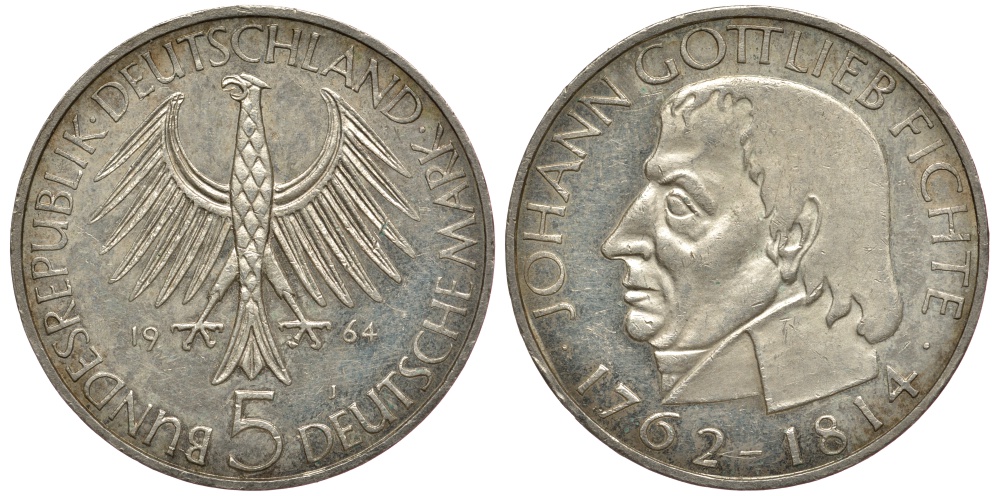 ФРГ 5 марок 1964 J, 150 лет со дня смерти Иоганна Готлиба Фихте J. 393, KM 118.1 серебро aUNC 3896-1225