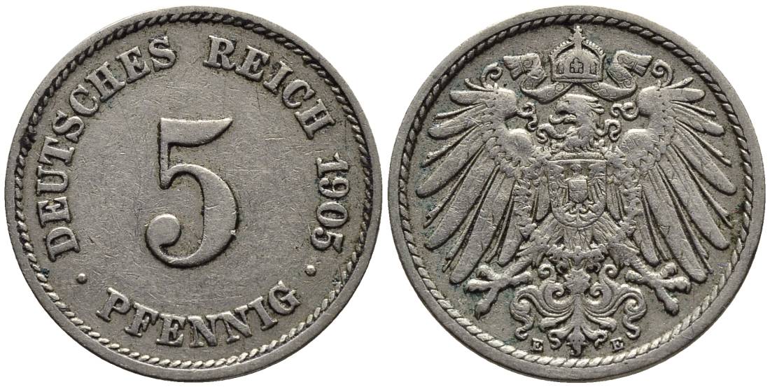 ГЕРМАНИЯ 5 ПФЕННИГОВ 1905 E KM 11, Jager 12, Weege 6 медно-никель 4547-445