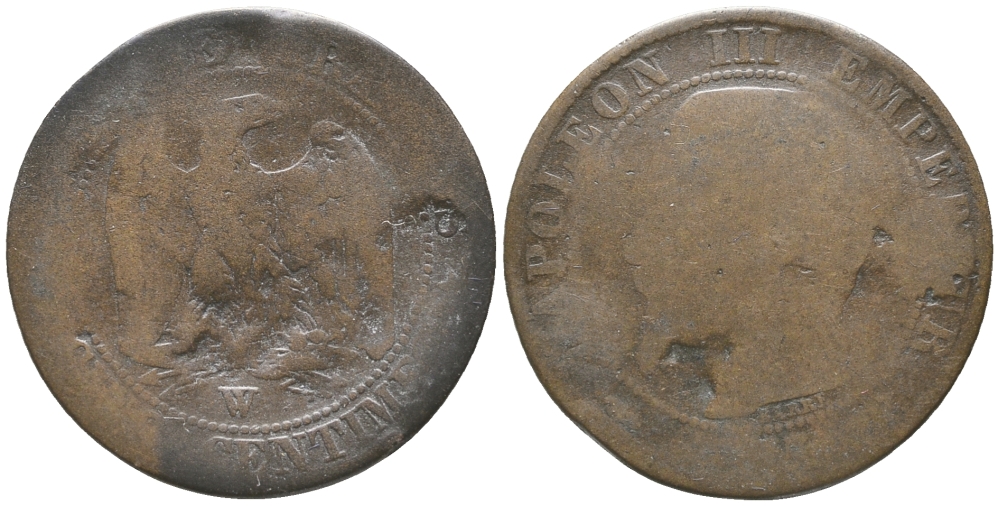 ФРАНЦИЯ 5 САНТИМОВ ND W, НАПОЛЕОН III (1852-1870) KM 777.7 бронза 34-431