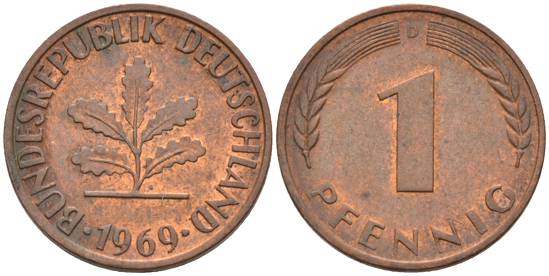 ФРГ 1 пфенниг 1969 D KM 105, J. 380 сталь плакированная медью    4115-125