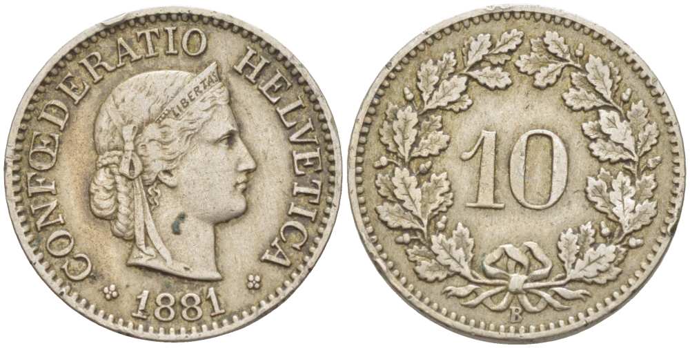 Швейцария 10 раппенов 1881 В KM 27 медно-никель 4513-156