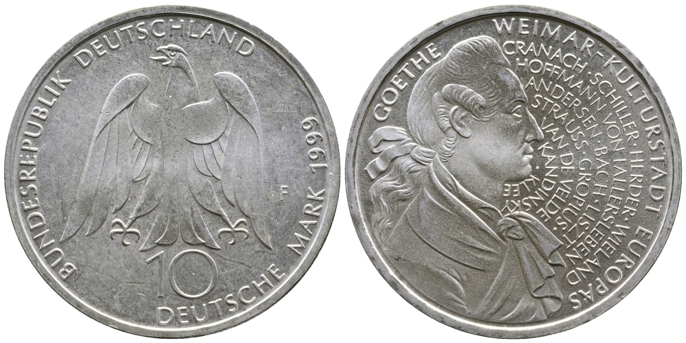 ФРГ 10 марок 1999 F, 250 лет со дня рождения Иоганна Гете KM 197 серебро UNC 4111-415