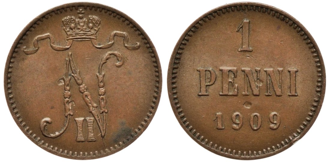 Россия для Финляндии 1 пенни 1909 Николай II (1894-1917) KM 13, Биткин 470 медь 53-545