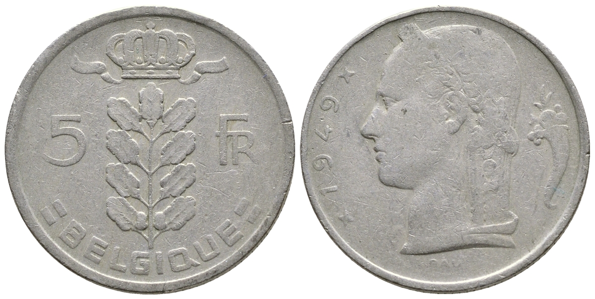 Бельгия 5 франков 1949 Леопольд III (1934-1950), Belgique KM 134.1 медно-никель    4603-1033
