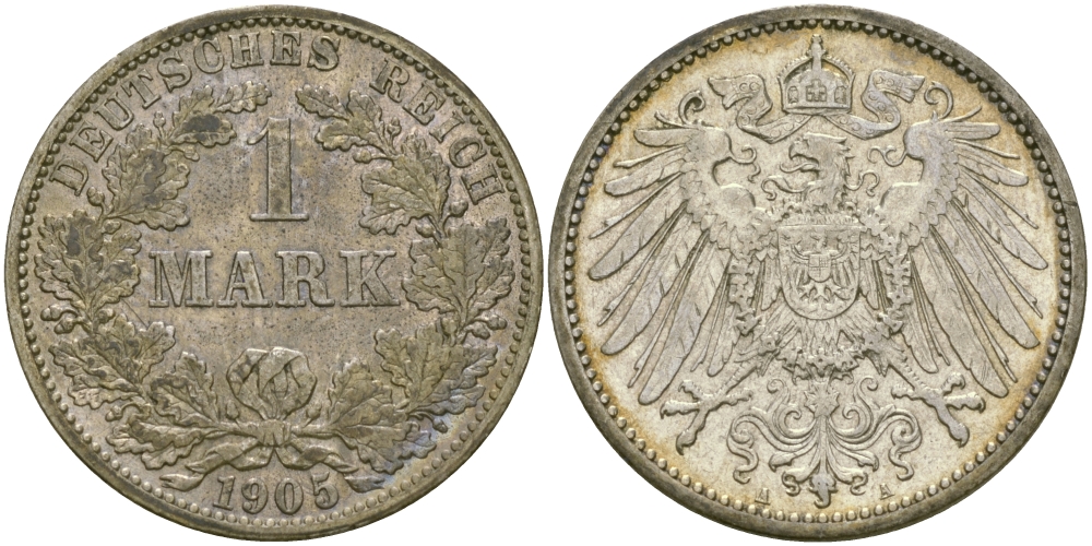 Германия 1 марка 1905 A Weege 18, J. 17, KM 14 серебро aUNC 65-157