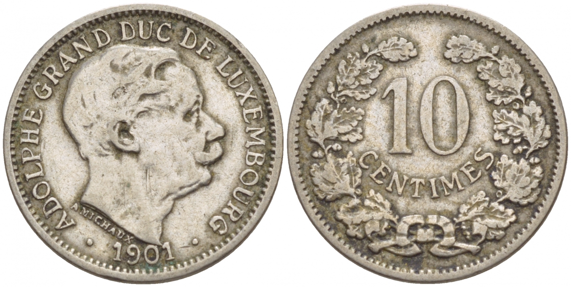 ЛЮКСЕМБУРГ 10 САНТИМОВ 1901 АДОЛЬФ (1890-1905) KM 25 медно-никель 4548-814