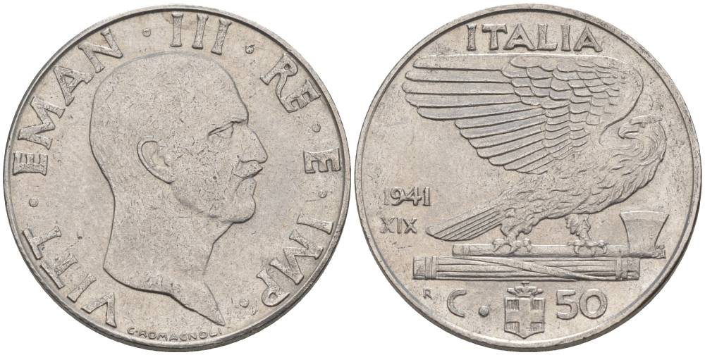 ИТАЛИЯ 50 ЧЕНТЕЗИМО 1941 R, ГОД XIX, ВИКТОР ЭММАНУИЛ III (1900-1946) KM 76b, VEM3. 1063 нержавеющая сталь 3853-412