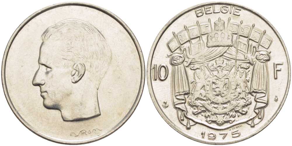 БЕЛЬГИЯ 10 ФРАНКОВ 1975 BELGIE, БОДУЭН I (1951-1993) KM 156.1 никель 38-635