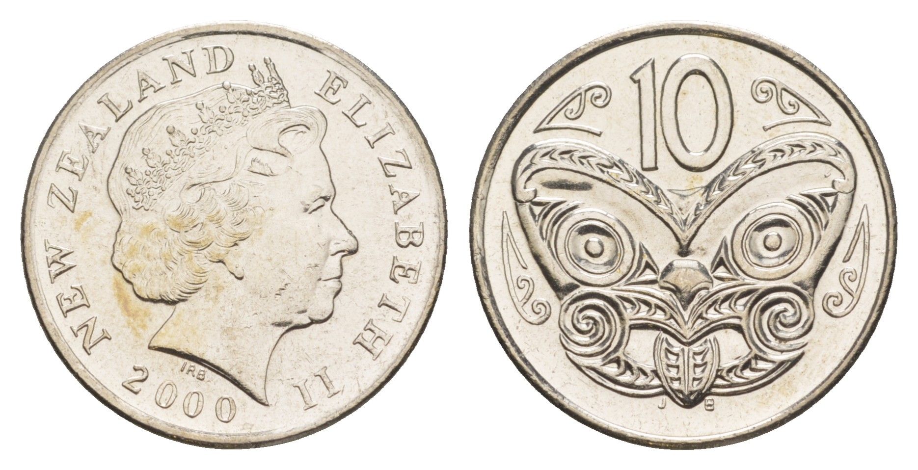 Новая Зеландия 10 центов 2000 Елизавета II (1952-2022), маска маори KM 117 медно-никель UNC 4652-655