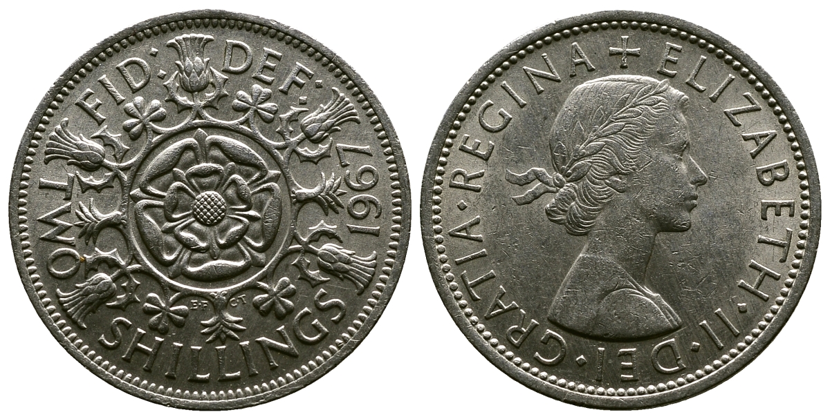 Великобритания 2 шиллинга (флорин) 1967 Елизавета II (1952-2022) KM 906, Spink 4146 медно-никель 4382-826