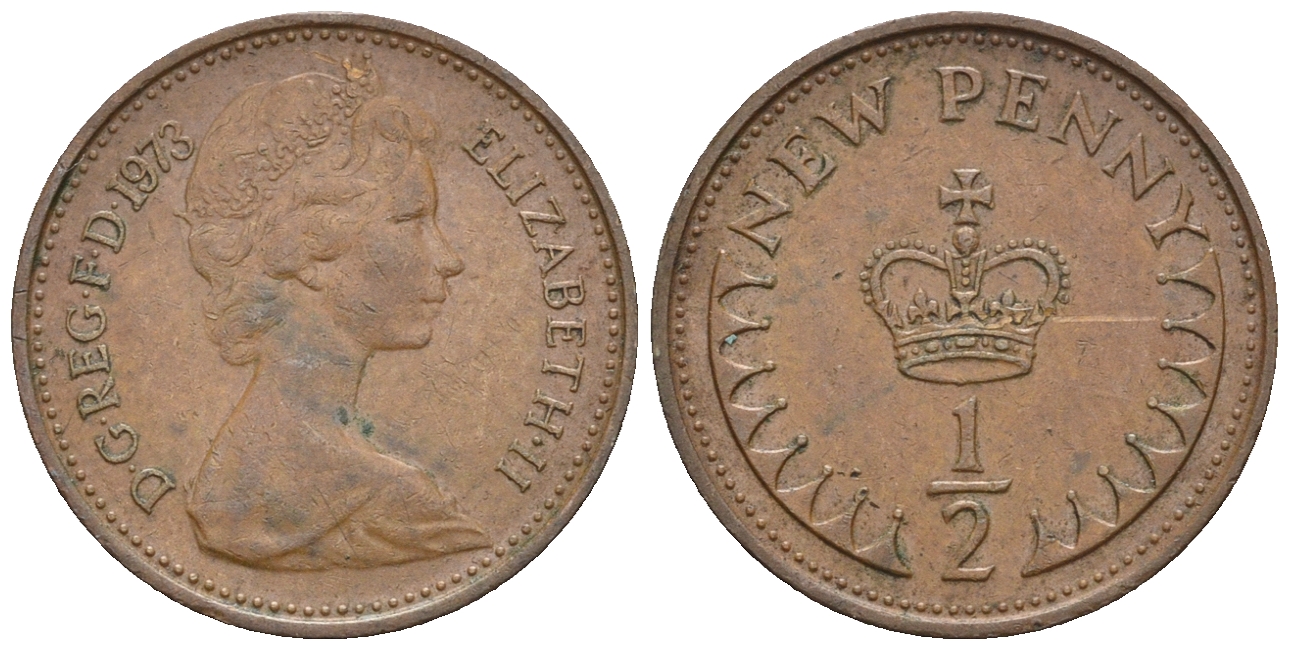 Великобритания 1/2 пенни 1973 Елизавета II (1952-2022) KM 914, Spink 4239 бронза 4609-454