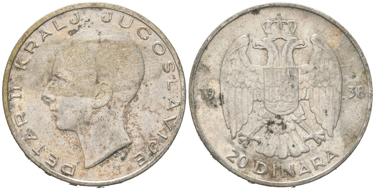 Югославия 20 динаров 1938 Петр II (1934-1945) KM 23 серебро 4182-421