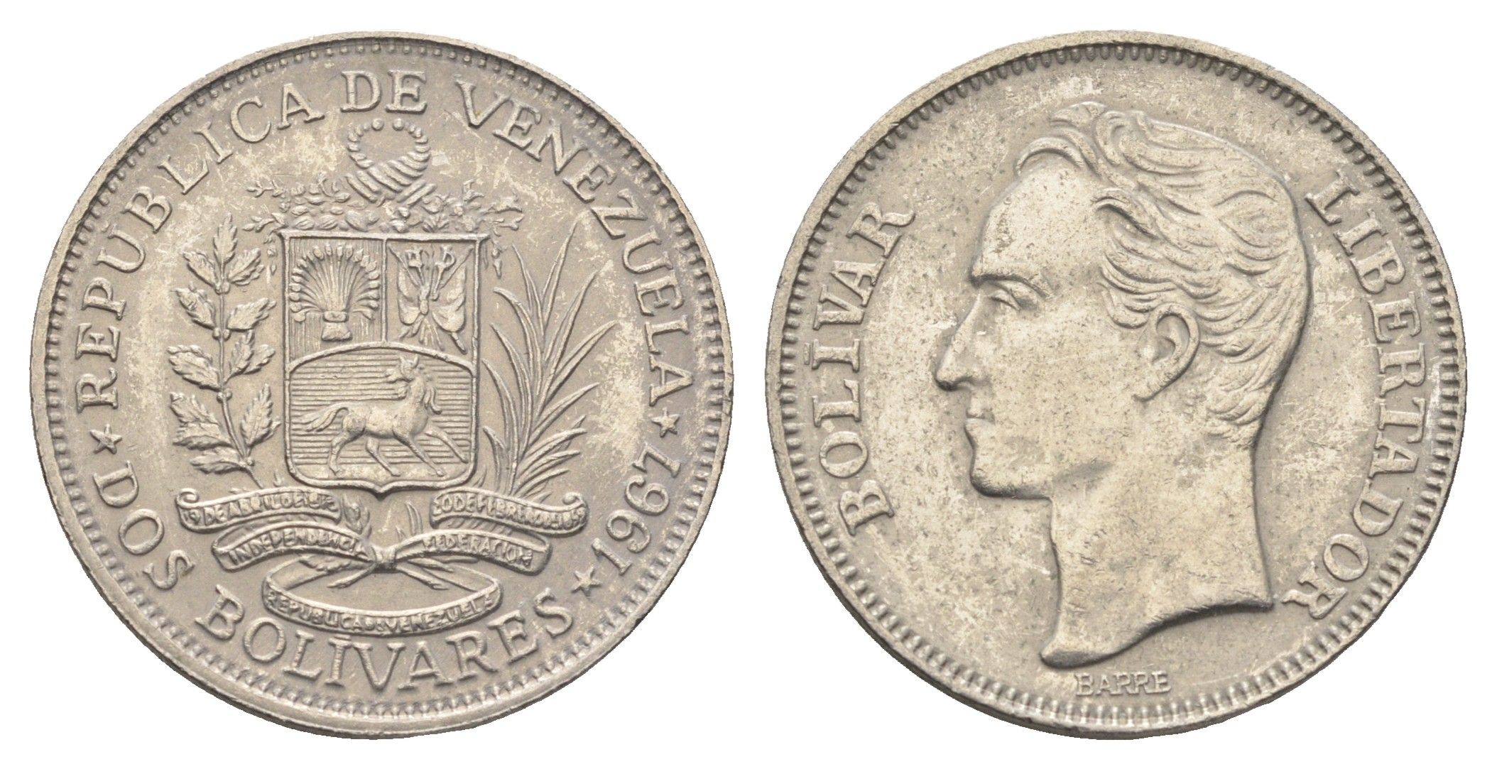 Венесуэла 2 боливара 1967 Симон Боливар Y 43 никель 4663-747