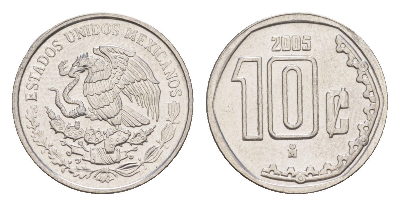 Мексика 10 сентаво 2005 Mo KM 547 нержавеющая сталь UNC 4636-462