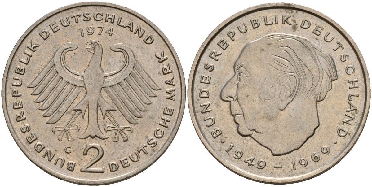 ФРГ 2 марки 1974 G, Конрад Аденауэр KM 124, J. 406 медно-никель 4159-1234