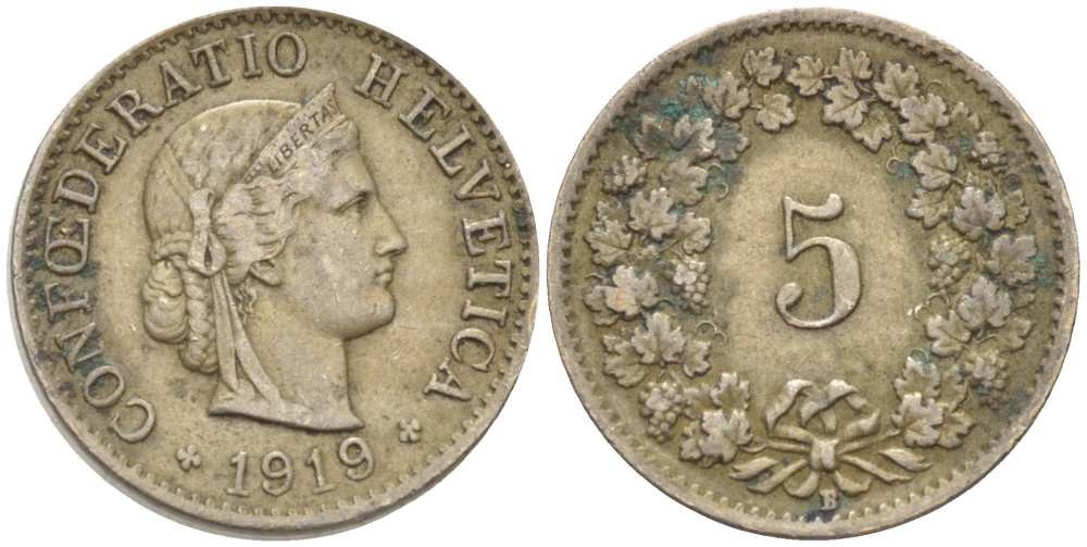 Швейцария 5 раппенов 1919 В KM 26 медно-никель 3955-1133