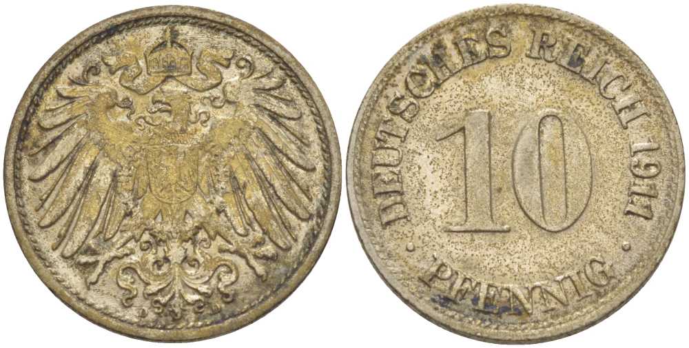 ГЕРМАНИЯ 10 ПФЕННИГОВ 1911 D KM 12, J. 13, Weege 8 медно-никель 212-154