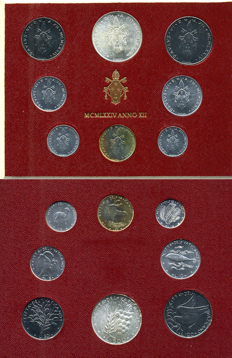 Ватикан набор из 8 монет 1974 1, 2, 5, 10, 20, 50, 100, 500 лир, в оригинальном буклете KM MS78 серебро UNC 8-1-01-21