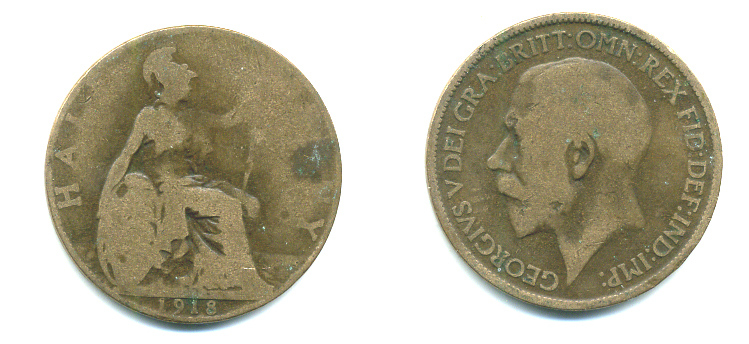 Великобритания 1/2 пенни 1918 Георг V (1910-1936) KM 809, Spink 4056 бронза 4383-355