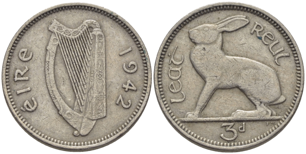 Ирландия 3 пенса 1942 заяц KM 12а медно-никель 179-311