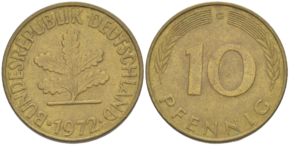 ФРГ 10 ПФЕННИГОВ 1972 G KM 108, J. 383 сталь плакированная латунью 4182-827
