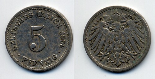 ГЕРМАНИЯ 5 ПФЕННИГОВ 1906 D, KM 11, J. 12 медно-никель 76-531