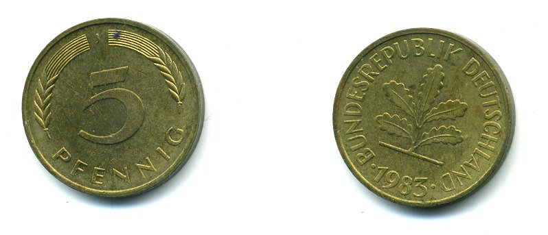 ФРГ 5 ПФЕННИГОВ 1983 J KM 107, J. 382 сталь плакированная латунью 46-2256
