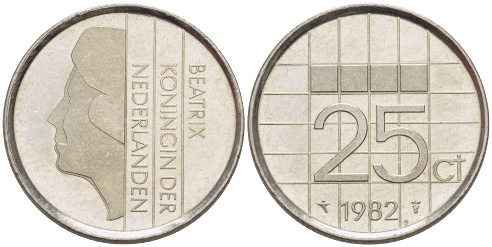 Нидерланды 25 центов 1982 Беатрикс (1980-2013) KM 204 никель 66-1169