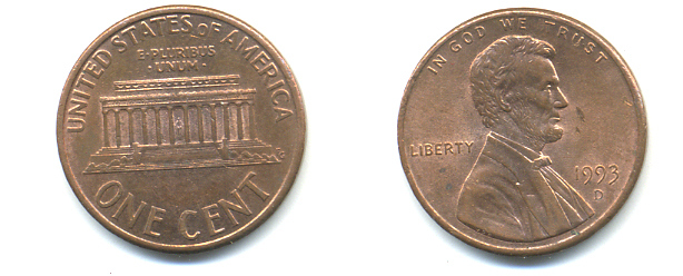 США 1 цент 1993 D, Авраам Линкольн KM 201b цинк плакированный медью 86-267