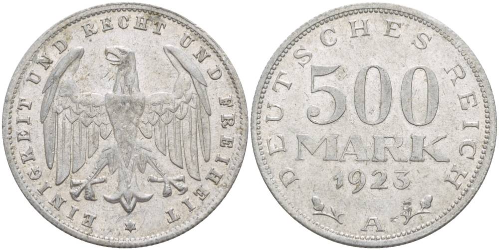ГЕРМАНИЯ 500 МАРОК 1923 А KM 36, J. 305, Weege 23 алюминий 4544-1227