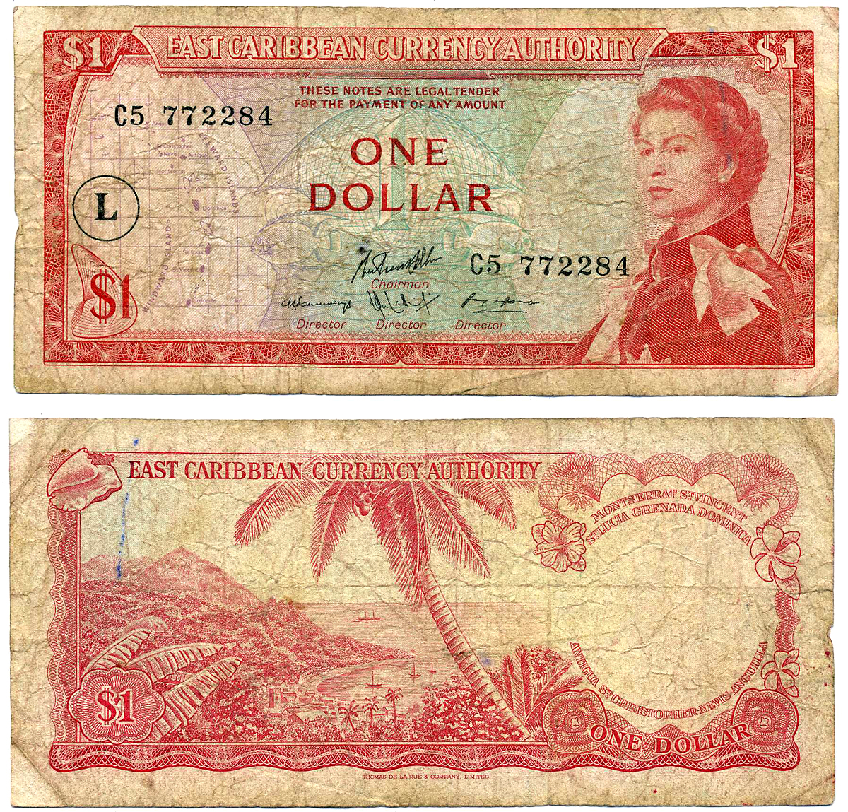 Восточно-Карибские штаты 1 доллар 1965 Британская администрация, подпись 10, серия С5, В КРУГЕ буква "L" (СЕНТ ЛЮСИЯ) Pick 13l бумага VF- 2197-29-2-2