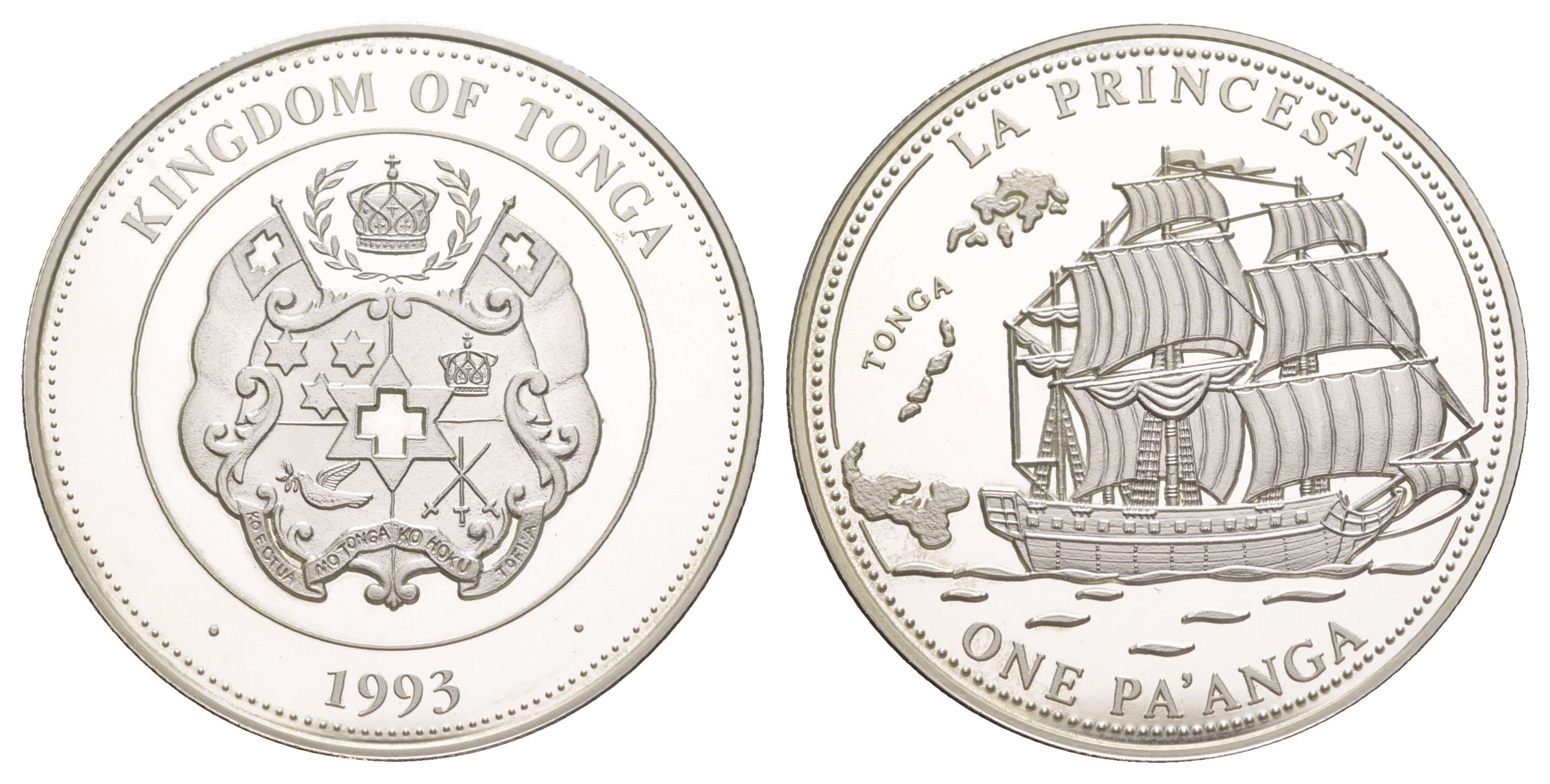 Тонга 1 паанга 1993 Парусник "La Princesa" KM 154 серебро PROOF 1091-4-52