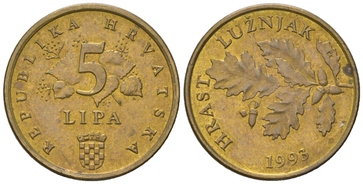 Хорватия 5 лип 1993 нечетный год KM 5 сталь плакированная латунью  aUNC  4124-711
