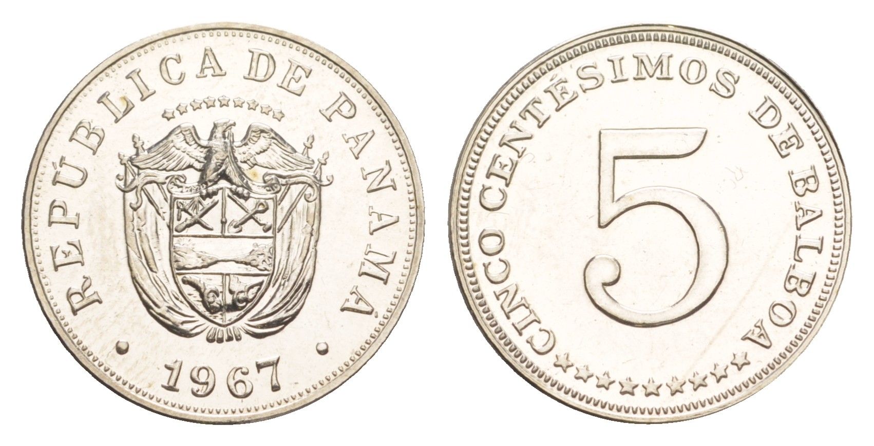 Панама 5 сентесимо 1967 тираж 20.000 экземпляров KM 23.2 медно-никель PROOF 1524-523