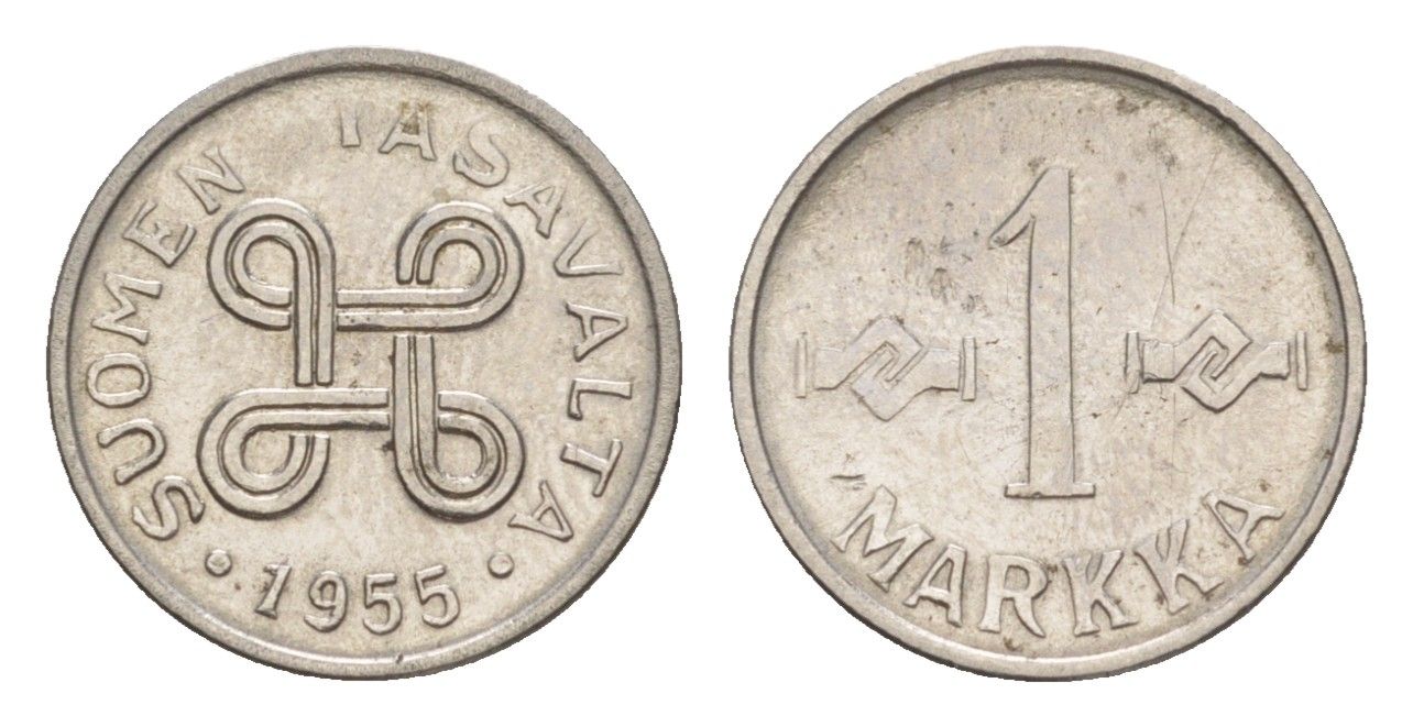 Финляндия 1 марка 1955 KM 36a железо плакированное никелем 4647-432