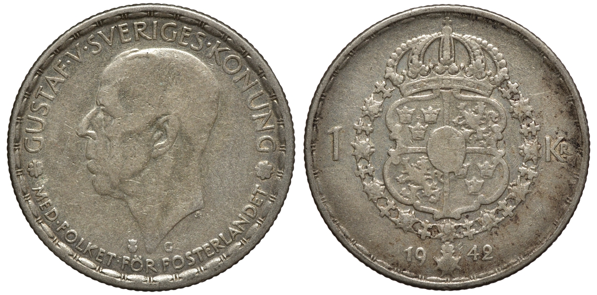 Швеция 1 крона 1942 G, Густав V (1907-1950) KM 814 серебро 4178-535