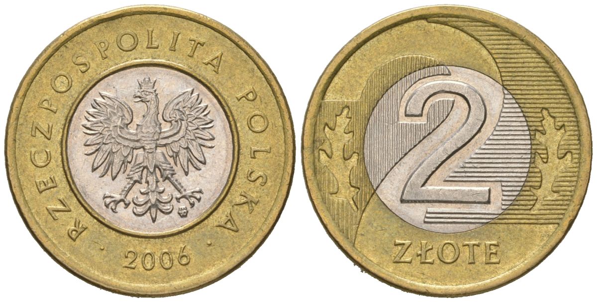 Польша 2 злотых 2006 самый редкий год выпуска KM 283 биметалл UNC 4566-353