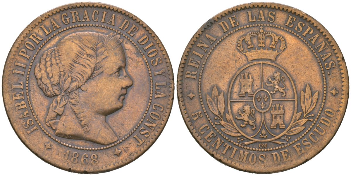 Испания 5 сентимо 1868 OM, Изабелла II (1833-1868) KM 635.2 бронза 215-831
