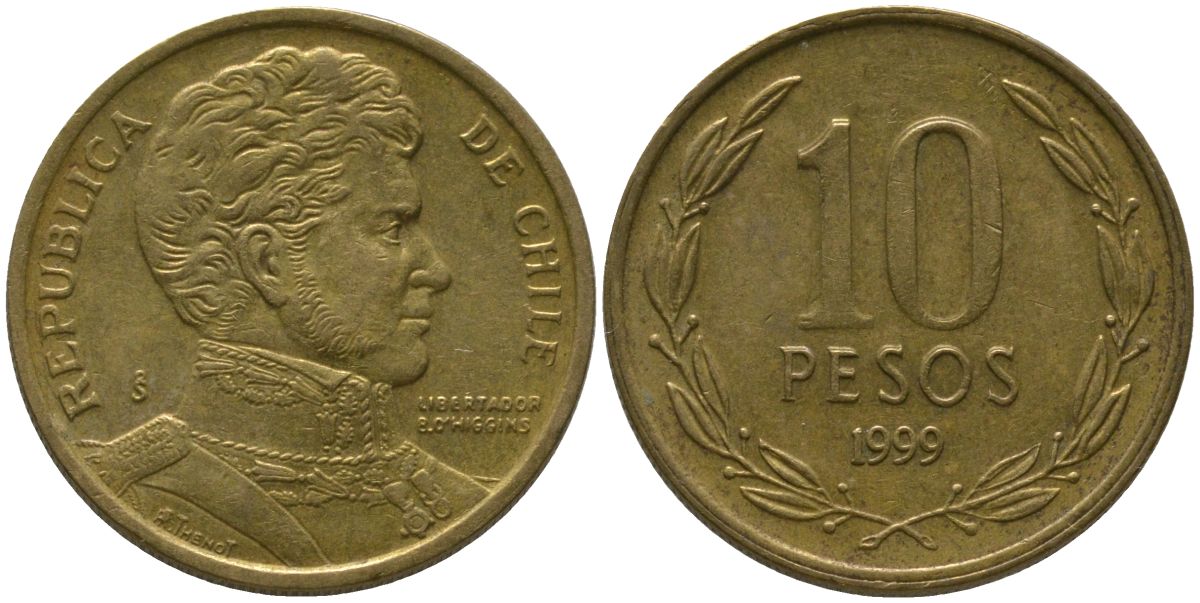 Чили 10 песо 1999 So KM 228.2, Schon 82 алюминиевая бронза 4544-634