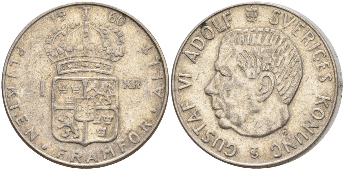 Швеция 1 крона 1960 TS, Густав VI Адольф (1950-1973) KM 826 серебро 4150-112