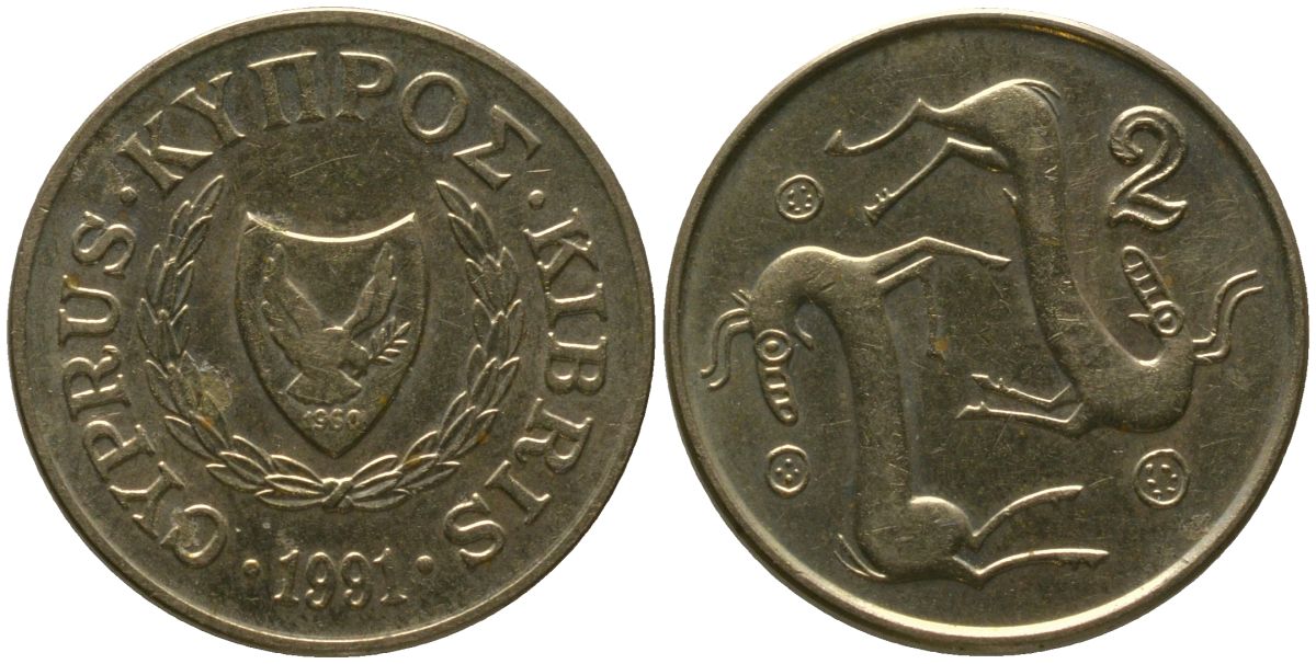 Кипр 2 цента 1991 KM 54.3 никель латунь 4158-369
