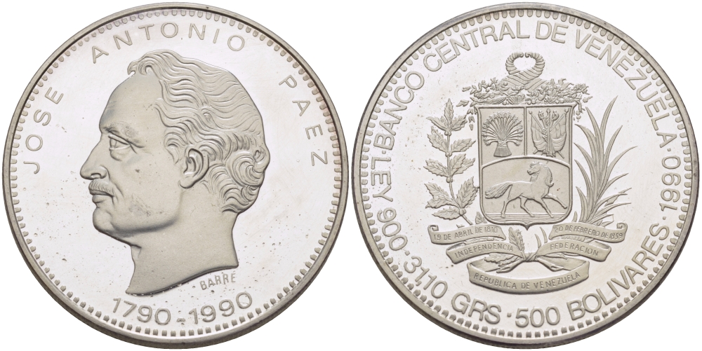 Венесуэла 500 боливаров 1990 200 лет со дня рождения Хосе Антонио Паэс KM 64 серебро PROOF 00-00-00