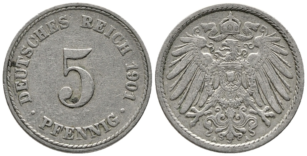 ГЕРМАНИЯ 5 ПФЕННИГОВ 1901 A KM 11, J. 12 медно-никель 39-751