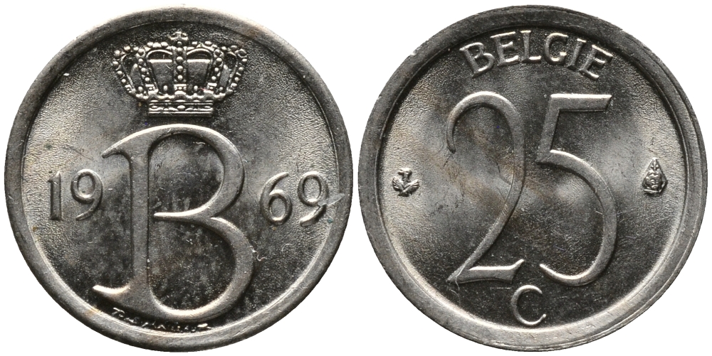 Бельгия 25 сантимов 1969 Belgie, Бодуэн I (1951-1993) KM 154.1 медно-никель 99-356