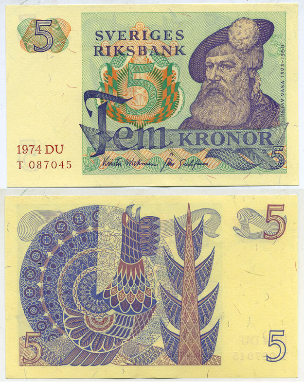 Швеция 5 крон 1974 DU, Густав I Ваза Pick 51c бумага aUNC 445-11-1
