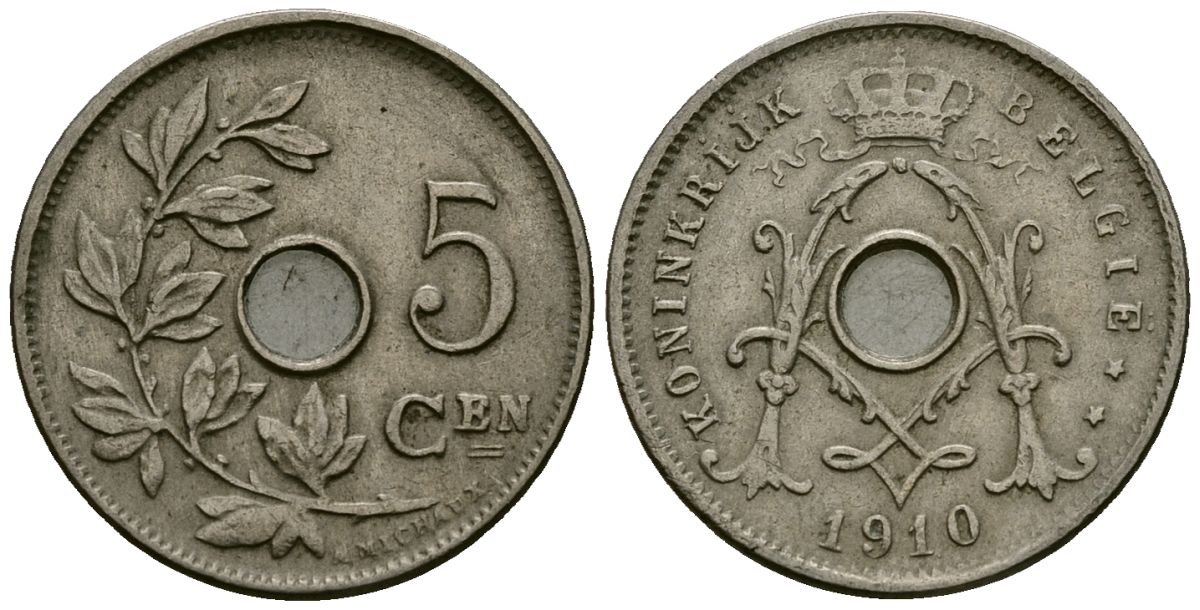 Бельгия 5 сантимов 1910 KONINGRIJK BELGI? KM 67 медно-никель 4164-1029