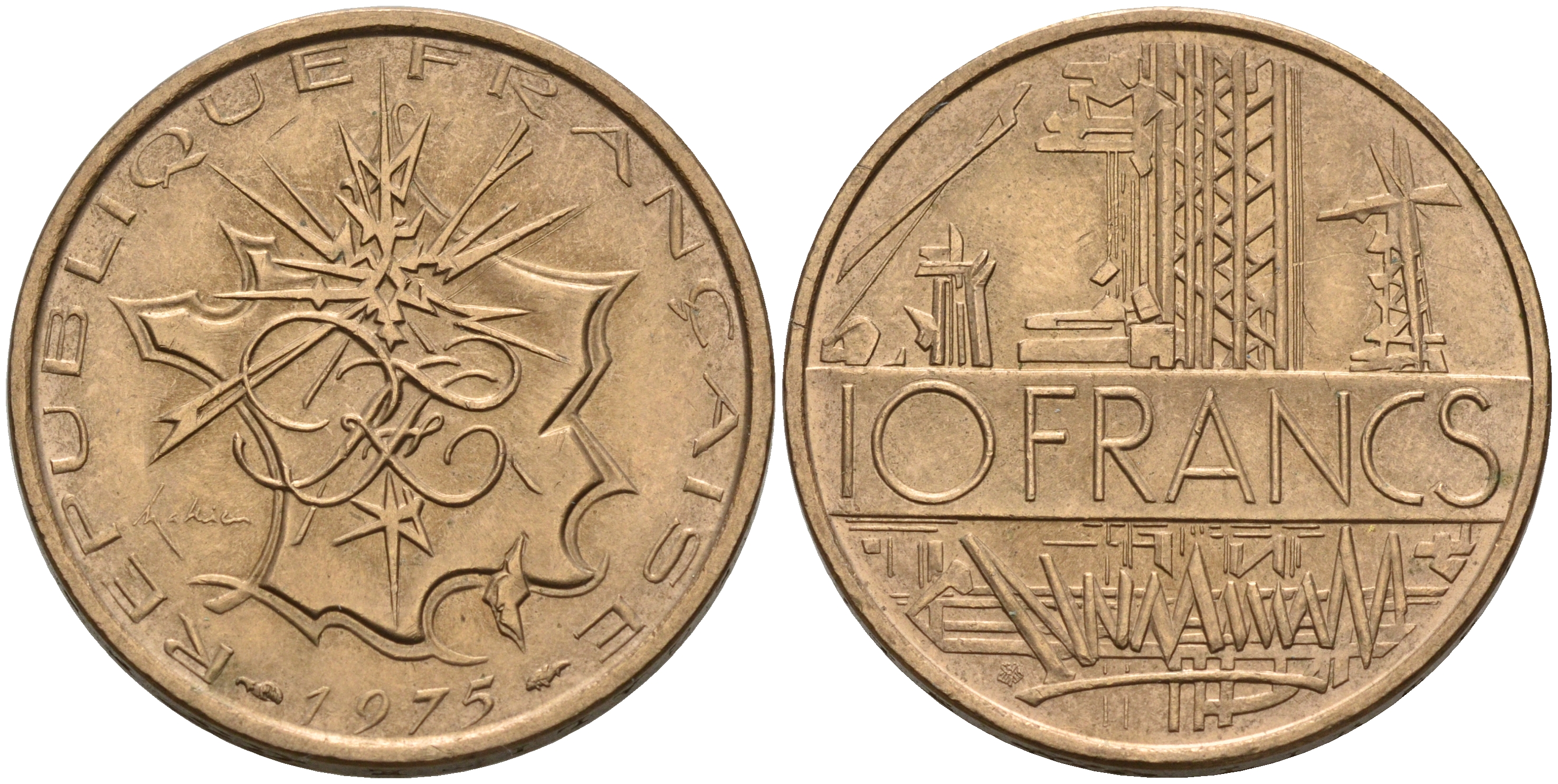 Франция 10 франков 1975 тип Матье KM 940, Le Franc 365.5-6 никель латунь  4153-457
