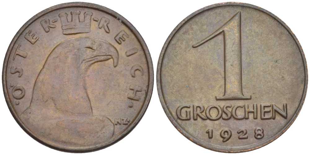 АВСТРИЯ 1 ГРОШ 1928 ДОВОЕННАЯ ДЕСЯТИЧНАЯ ЧЕКАНКА KM 2836 бронза 201-161